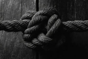 A close-up of an intricate maritime knot on a weathered rope, with a backdrop of ship's wooden planking