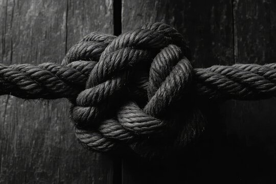 A close-up of an intricate maritime knot on a weathered rope, with a backdrop of ship's wooden planking