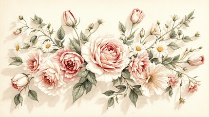 A nostalgic and detailed botanical illustration featuring various classic flowers—roses, tulips, and daisies—arranged harmoniously in an old-fashioned, vintage aesthetic.