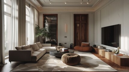 Fototapeta premium Modern living room with elegant furniture, soft lighting, and decorative elements, showcasing comfort