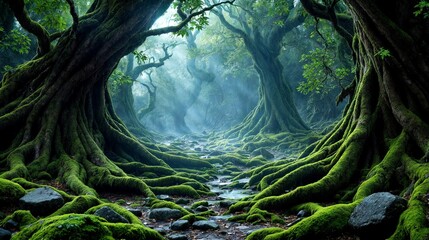 An enchanted woodland filled with mossy stones and ancient tree roots, bathed in ethereal blue-green light, evoking a fantasy-like dreamscape.