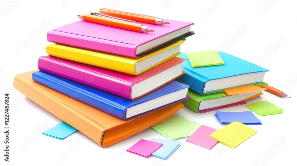 Poster A bright, energetic image of colorful notebooks stacked with highlighters and sticky notes scattered around them, set against a crisp white background