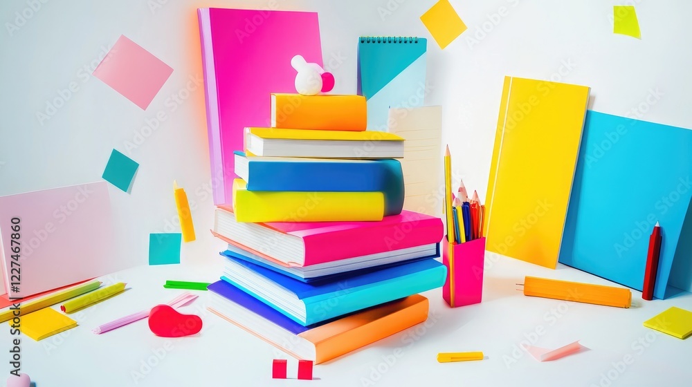 Poster a bright, energetic image of colorful notebooks stacked with highlighters and sticky notes scattered