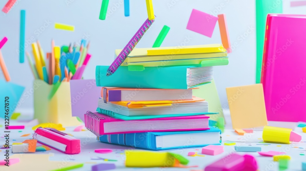 Poster a bright, energetic image of colorful notebooks stacked with highlighters and sticky notes scattered