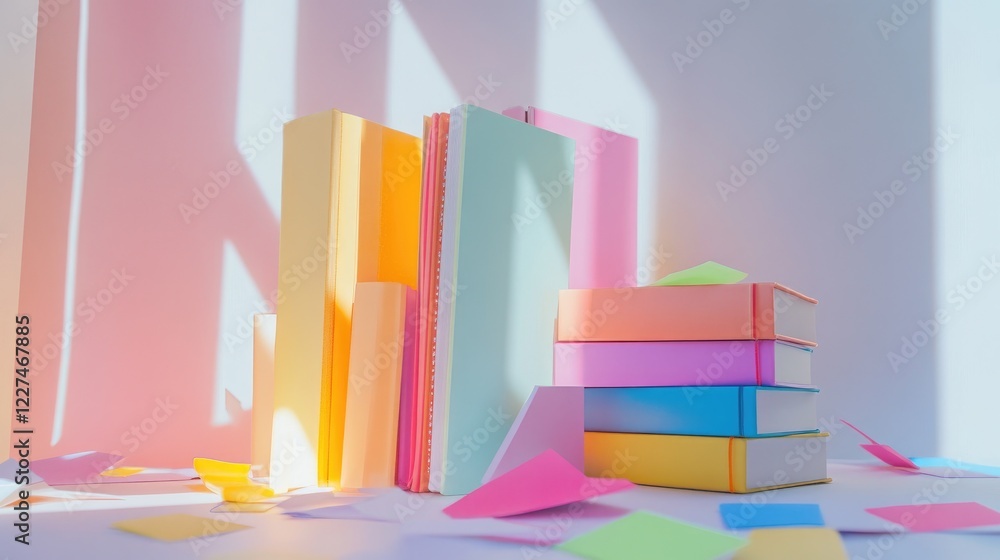 Poster a bright, energetic image of colorful notebooks stacked with highlighters and sticky notes scattered