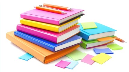 A bright, energetic image of colorful notebooks stacked with highlighters and sticky notes scattered around them, set against a crisp white background