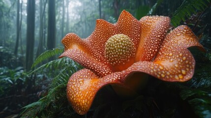 Rafflesia flower in rainforest, dew drops.