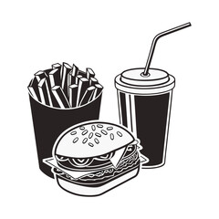 Black and white fast food meal illustration, hamburger, french fries, soft drink