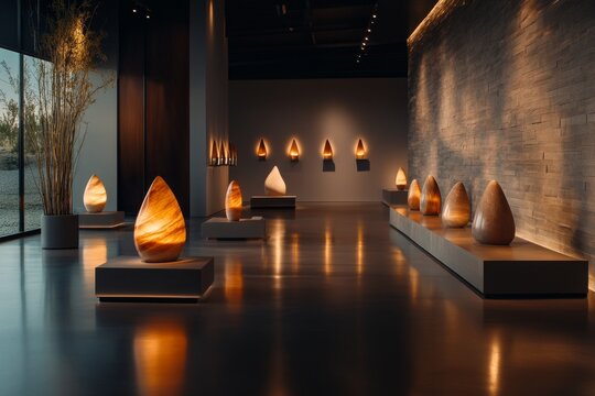 A statue in a museum lit with dramatic lighting, especially drawing attention compared to other exhibits