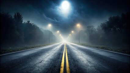 Fototapeta premium Dark and gloomy road at night with fog rolling in, fog, nighttime