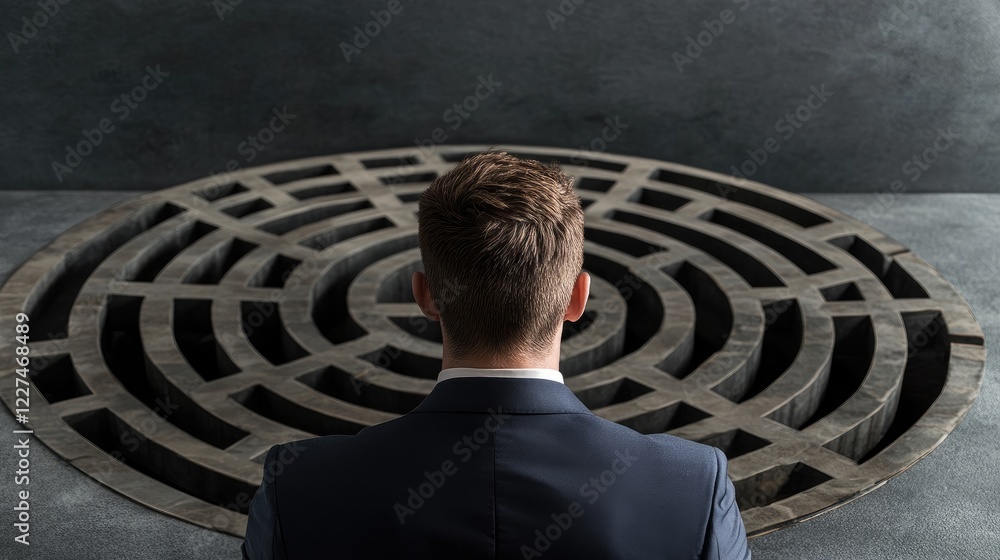 Poster A businessman in front of a circular maze, symbolizing the complexity of business decisions, as he prepares to tackle the next challenge ahead