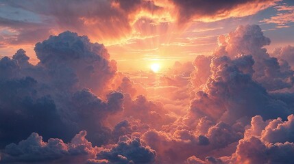 Epic golden-hour sky with rich, warm orange and pink hues blending into deep blue-gray clouds, perfect for atmospheric and moody designs. 