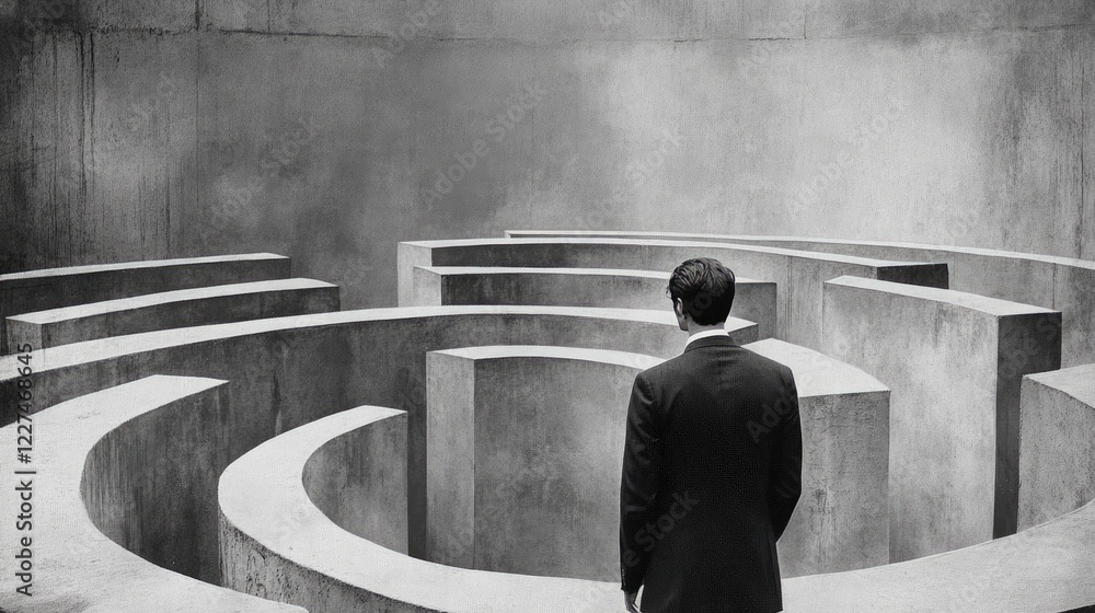 Poster a businessman in front of a circular maze, symbolizing the complexity of business decisions, as he p