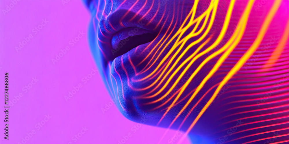 Poster stylized face with neon linear patterns