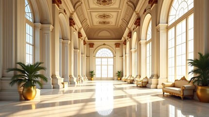 Fototapeta premium Grand Ornate Palace Hall with Sunlit Marble Floors and Gold Accents