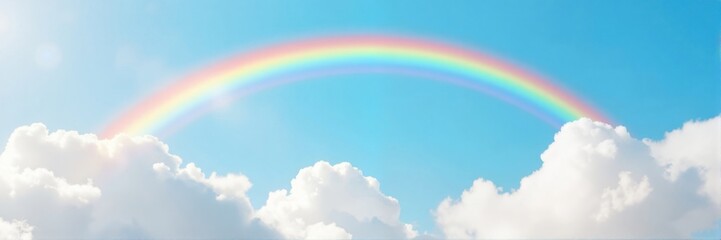 Vibrant rainbow arching over fluffy white clouds in blue sky