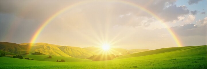 Fototapeta premium Majestic rainbow over rolling green hills at sunrise