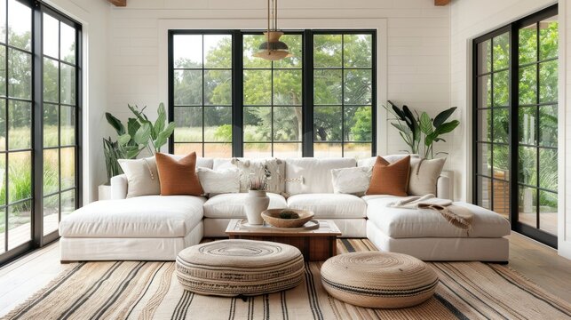 Cozy modern living room with large windows showcasing greenery, featuring a sectional sofa and decor