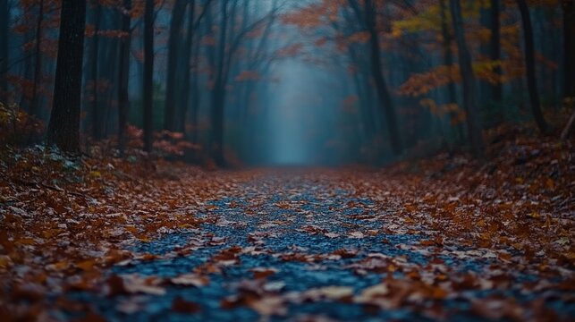Foggy Autumn Path Covered with Colorful Leaves in a Mystic Forest During Early Morning