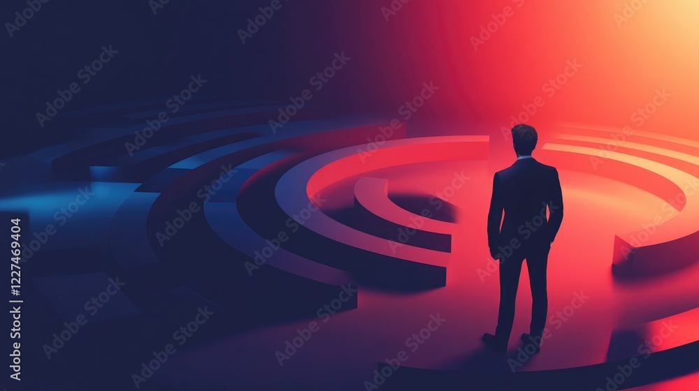 Poster A businessman standing thoughtfully before a circular maze, contemplating his next move, symbolizing decision-making and complex business challenges
