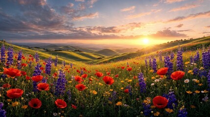 A breathtaking landscape filled with a variety of wildflowers—red poppies, purple lupines, and golden daisies—swaying under the warm glow of the rising sun, evoking a sense of peace and beauty.