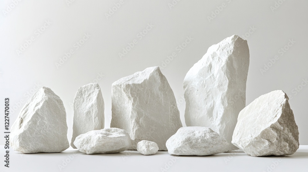 Poster a carefully arranged group of natural chalk rocks in varying sizes and textures, set against a crisp