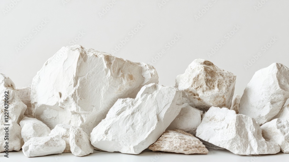 Poster a carefully arranged group of natural chalk rocks in varying sizes and textures, set against a crisp