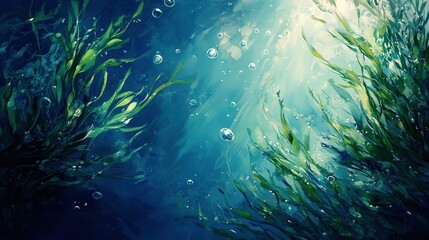 Fototapeta premium Green seaweed and seagrass stretching towards the light, scattered bubbles enhancing the serenity of the deep blue aquatic background