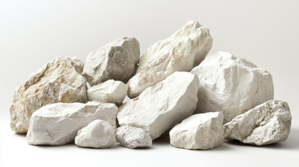 A carefully arranged group of natural chalk rocks in varying sizes and textures, set against a crisp white background for a clean, elegant look