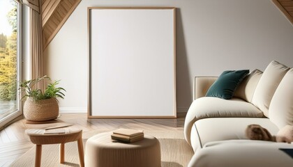 Frame mockup, ISO A paper size. Living room wall poster mockup. Interior mockup with house background. Modern interior design. 3D render
