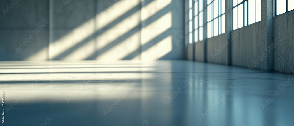 Poster Empty industrial space with sunlight streaming through large windows, creating dramatic shadows on polished floor