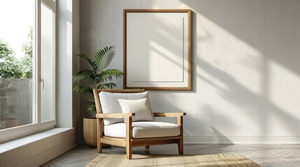 Cozy modern living room featuring a wooden chair, blank wall art, and a potted plant by the window
