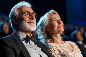 Mature couple enjoying local theater performance with joyful expressions