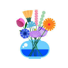 Bouquet of bright flowers in a transparent vase.