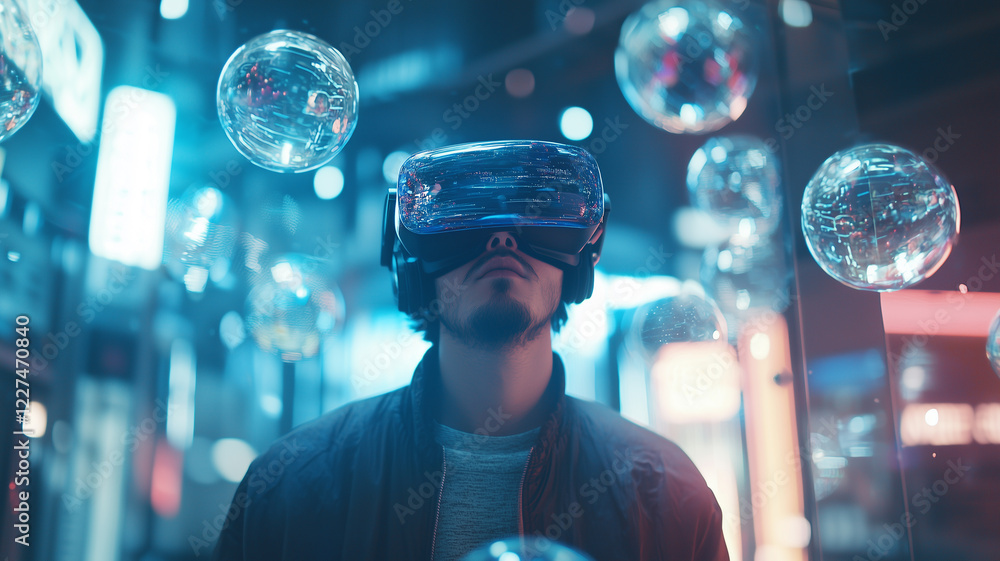 Poster man wearing vr headset is immersed in futuristic environment with glowing orbs