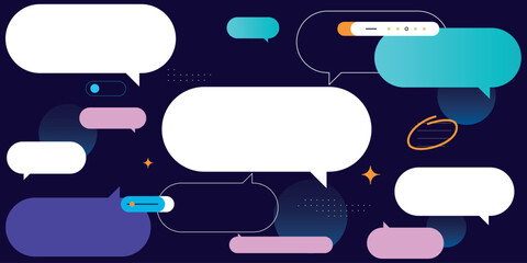 Design template with chat dialogs in an abstract digital space.