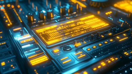Obraz premium Futuristic DJ Console Featuring Glowing Lights and Advanced Technology for Vibrant Music Experience. Generative AI