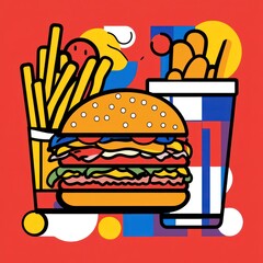Delicious burger, fries, and nuggets combo; vibrant background; fast food meal