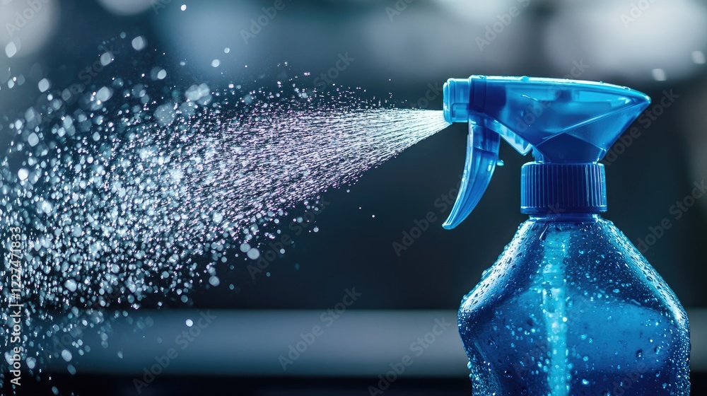 Aufkleber A close-up of a blue spray bottle in motion, with water splashes dynamically captured, highlighting its practical use in cleaning and refreshing spaces