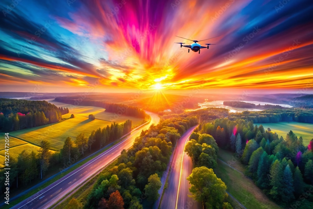 Poster abstract colorful gradient background with dynamic blurred flow - drone aerial view