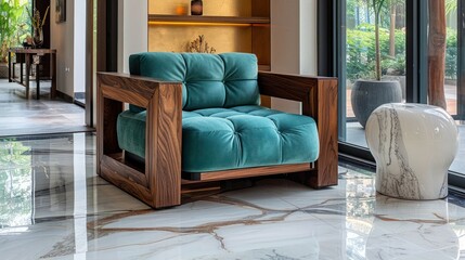 Fototapeta premium Modern living room featuring a stylish turquoise armchair and elegant marble flooring with greenery