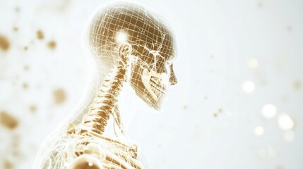 Naklejka premium An abstract illustration of a human skeletal system with highlighted bones and a digital grid overlay, set against a white background, Minimalist style