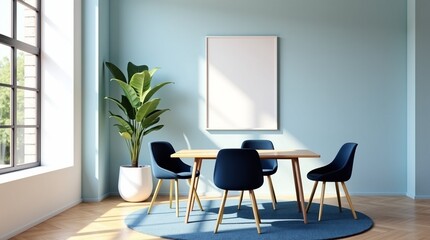 Open Plan Apartment with a Blank Blue Wall, Empty Living Room, and Sleek Dining Area Furniture for a Clean and Modern look