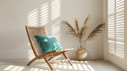 Cozy interior scene featuring a wooden chair with a teal cushion beside a decorative plant
