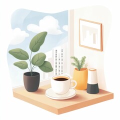 Obraz premium Illustrated cozy and inviting corner of a caf or home featuring a cup of coffee potted plants and natural light streaming through the window creating a peaceful and relaxing atmosphere