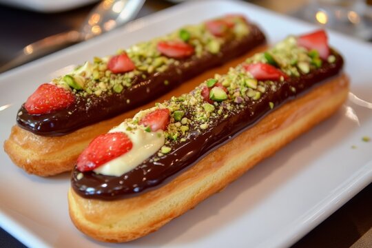 Long eclairs filled with vanilla cream and topped with a vibrant glaze of strawberries, chocolate and pistachios. - Powered by Adobe