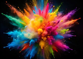 Abstract Colorful Paint Explosion, Multicolored Powder Burst, Vivid Dust Splash on Black Background Stock Photo