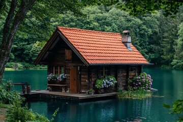 Fototapeta premium Fisherman's hut against a calm lake in soft pastel shades of blue and green