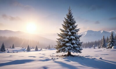Snow-covered Christmas tree in a frosty winter landscape, holiday decoration, winter scene, snowflake