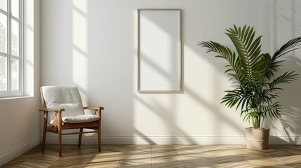 Fototapeta premium Cozy interior with a wooden chair, empty frame on the wall, and a potted plant in sunlight